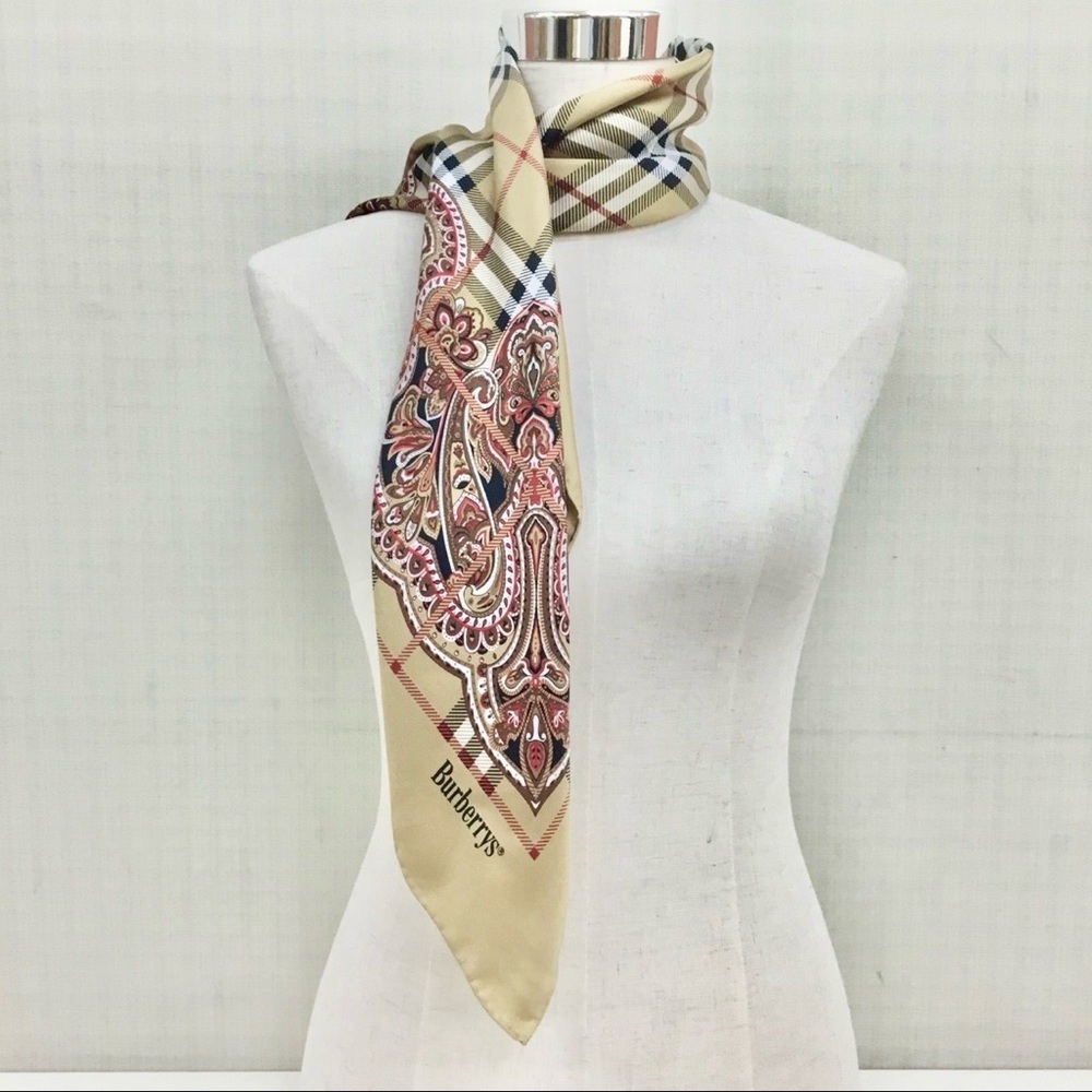 Burberrys Tan and Red Nova Check and Paisley Silk Scarf - Picture 6 of 8